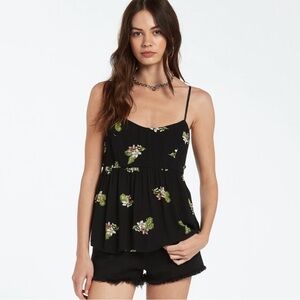 NWT Volcom Happy Clouds Floral Open Back Cami Top in Black
